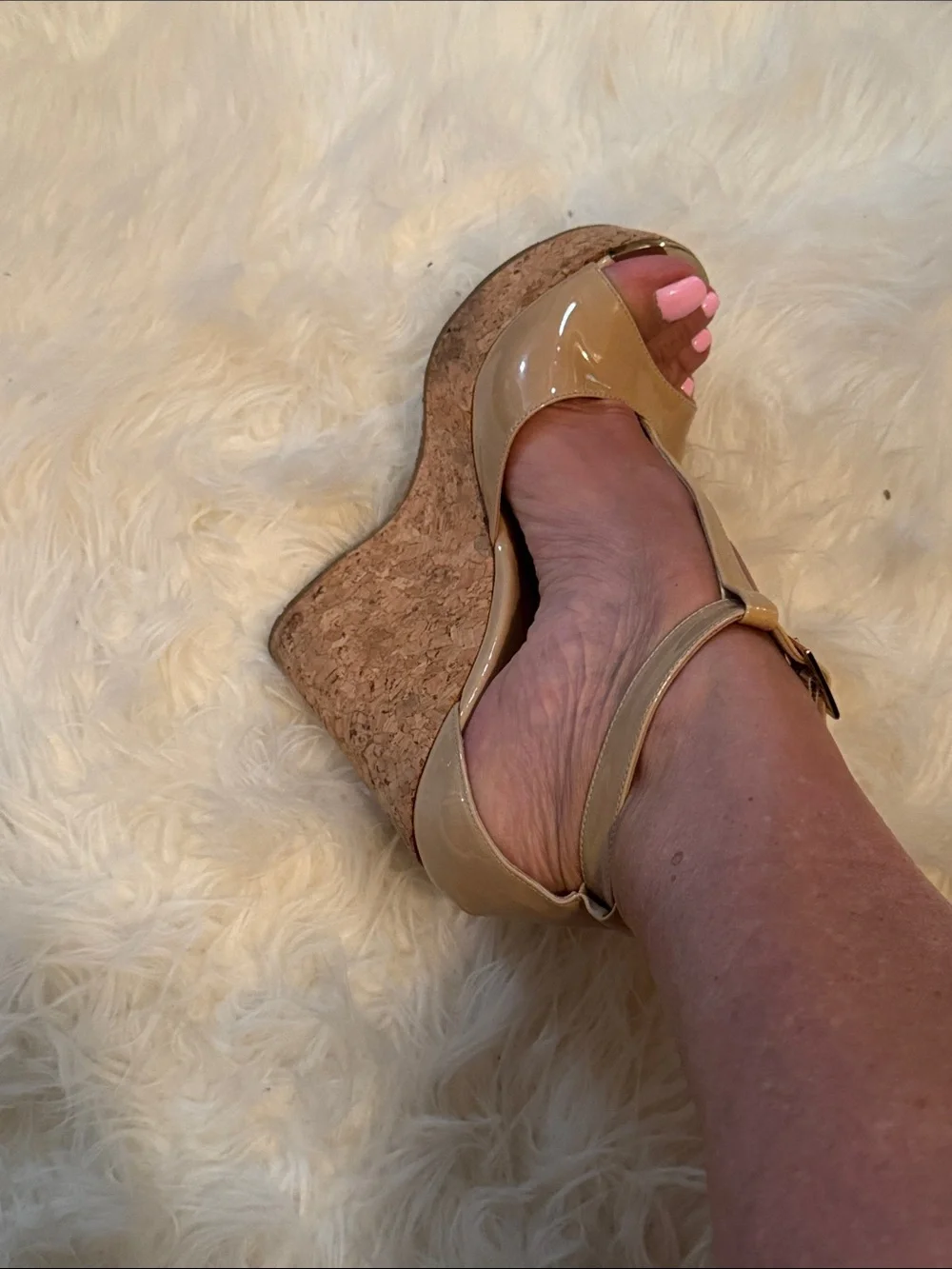 Wedge Platform Sandal in Beige Patent with Cork Heel t strap by Jimmy choo